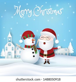 Santa with snowman and city paper art, paper craft style Merry Christmas background illustration