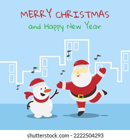 Santa and snowman dance together in the city on Christmas day. Suitable for Christmas's products and events