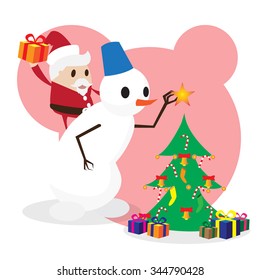 Santa and Snowman decorate the Christmas tree