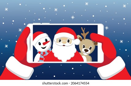 Santa Сlaus, Snowman and Deer made selfie on whhite smartphone. Christmas vector illustration.