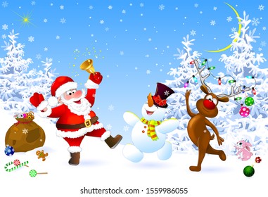 Santa, snowman and deer in the winter forest. Santa with a Christmas bell. Santa, snowman and deer celebrate Christmas. Christmas decorations in the snow. Christmas night. Winter landscape, forest.