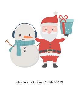 santa and snowman with gift celebration merry christmas vector illustration