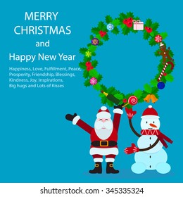 Santa and Snowman are holding the Christmas wreath. Vector illustration on a Christmas theme