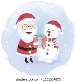 Santa and Snowman holding gift box cartoon hand drawn watercolor illustration. Christmas background