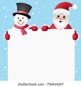 Santa and snowman holding white Board for congratulatory inscriptions.