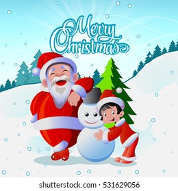 Santa With Snowman and New Year Character. Christmas and New Year banner or greeting card.