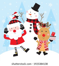 santa with snowman, reindeer, and robin greeting card design