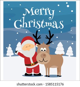 Santa With Snowman and Reindeer. Vector illustration.