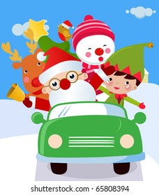 Santa ,Snowman And Rudolf In A Car