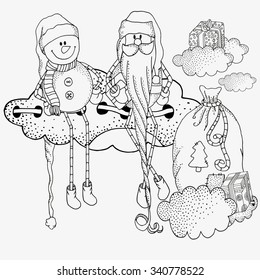 Santa and snowman are sitting on the cloud. Christmas gifts. Merry Christmas. Hand-drawn decorative elements in vector.  Pattern for coloring book. Black and white. Sketch by trace. Zentangle.