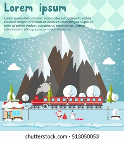 Santa and snowmen standing in forest, supermarket, steam locomotive or train and wagons on railroad track and mountains background. Flat vector illustration. Concept for invitations, cards