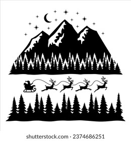 Santa in the Snowy Woods, Mountain and Sparkles, Christmas Scene, Hand Drawn Vector Illustration