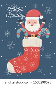 santa in sock with candy canes snowflakes happy holiday card vector illustration