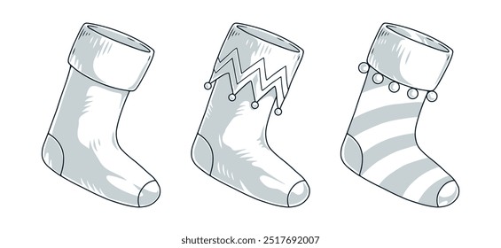 Santa socks set stickers monochrome wardrobe items for decorating Christmas home while waiting for gifts from father frost vector illustration