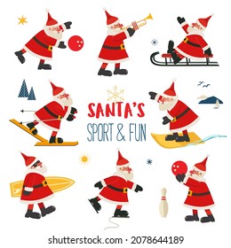 Santa sport and fun cute vector icon collection. Funny Santa cartoon illustration isolated. Enjoy Christmas winter holidays vacation bowling, surfing, skating activity design element set illustration