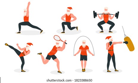 Santa in sport healthy activity vector illustration. Cartoon flat active bearded Santa wearing xmas red hat and athlete sportsman suit doing sport or yoga exercises, Christmas set isolated on white