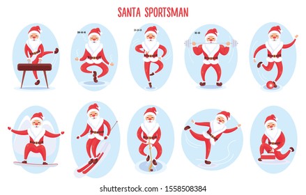 SANTA SPORTSMAN MAIKING VARIOUS SPORTS AND ACTIVITIES: GYMNASTICS, YOGA, BALLET, FITNESS, FOOTBALL, SNOWBOARDING, SKI, HOCKEY, FIGURE SKATING, CURLING. SET OF 10 CHARACTERS