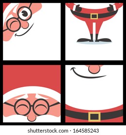 Santa Square Banners: Set of 4 cartoon Christmas banners with Santa Claus and copy space for your text. Good for greeting cards for the holiday season. No transparency and gradients used.