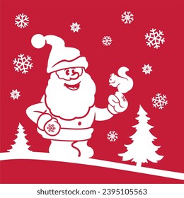 Santa, squirrel and snowflakes on a red background