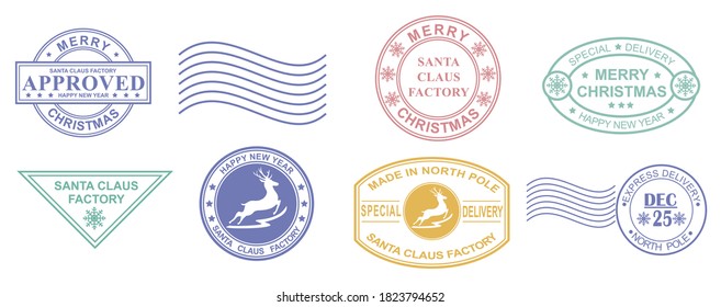 Santa stamp. A set of Christmas postmarks. Mail Santa Claus. Letter to Santa Claus. Set for the decoration of Christmas cards and gifts. North Pole and Santa Christmas Stamps