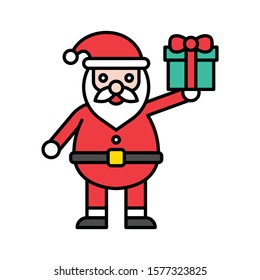 santa stand and gift on hand vector in filled style