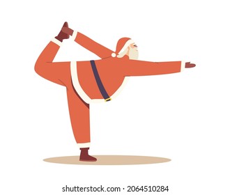 Santa Stand in Lord of the Dance Yoga Pose. Christmas Winter Holiday Sport, Saint Nicholas Character Healthy Lifestyle, Xmas Mascot Relax Pose Isolated on White Background. Cartoon Vector Illustration