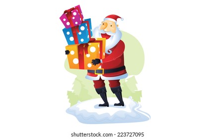 Santa standing bring a pill of gift box