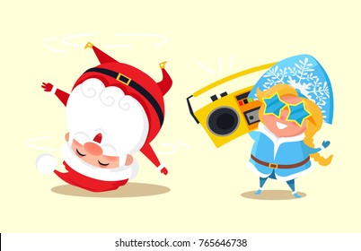 Santa standing on head break dancing and snow maiden in cute star shape glasses listen to music holding retro tape recorder in hands vector characters