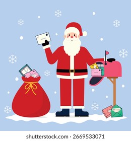 Papá Noel junto a un buzón lleno de cartas de Navidad y una bolsa de regalos. Ilustración vectorial