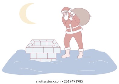 Santa stands proudly by a chimney, anticipating the joyful task of delivering gifts under the bright moonlight