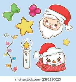 Santa, star, lights, snowman and bow collection. Merry Christmas