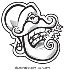 Santa with stars b&w. Vector.