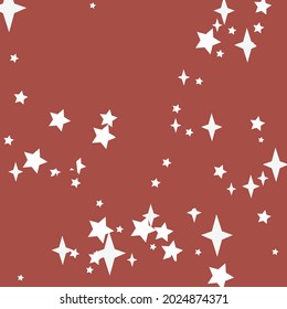 Santa Stars Snow Night Christmas Ornament. New Year Sky Print Mystery Magic Background. Four-pointed Sharp Bright Holiday Color Wallpaper. Chaotic Red Retro Winter White Background.