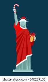 Santa Statue of Liberty. Candy cane and gift box. Monument in suit of Claus. Christmas hat and red clothes. USA Patriot National landmark

