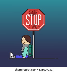 Santa stop here sign made by a child. Flat design vector illustration.