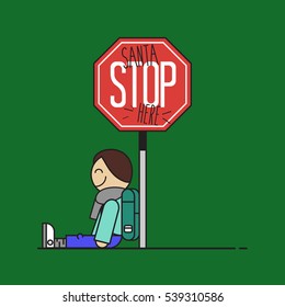 Santa stop here sign made by a child. Flat design vector illustration.