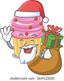 Santa Strawberry cupcake Cartoon character design having box of gifts