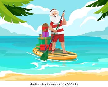 Santa in stripe shirt on SUP paddleboard with Christmas gifts and paddle, vector Xmas holidays, vacation, travel. Cartoon Santa Claus character in retro swimsuit surfing on summer beach with surfboard