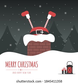 Santa stuck in chimney. Christmas eve night. Holiday greeting card. Funny vector illustration in cartoon style. Delivery new year gift and christmas presents.