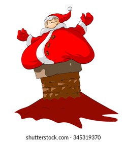 Santa stuck in the chimney. Colorful cartoon vector illustration for Christmas.