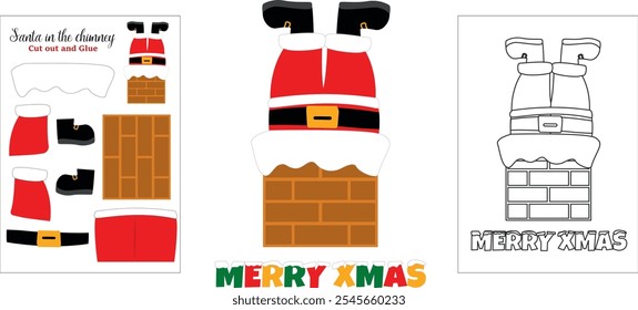 Santa stuck in the chimney. Cut out  paste glue paper craft. Build Claus legs with boots. Xmas greeting DIY card printable A4 worksheet. Vector kids Christmas simple activities. Coloring winter page