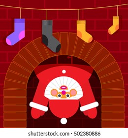 Santa stuck in the chimney fireplace with socks