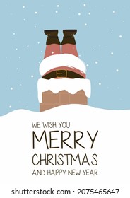 Santa stuck in the chimney. New Year and Christmas card.