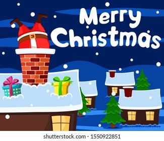 Santa stuck in chimney on roof of house, Christmas background.