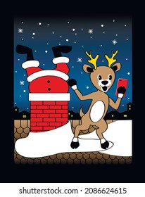 Santa stuck in chimney, and reindeer doing selfie. Funny Christmas illustration.