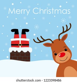 santa stuck in chimney vintage reindeer smile snow background