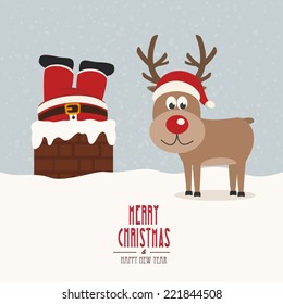 santa stuck in chimney vintage reindeer smile snow background