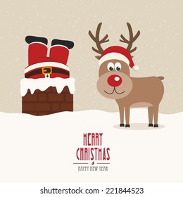 santa stuck in chimney vintage reindeer smile snow background