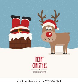 santa stuck in chimney vintage reindeer smile snow background