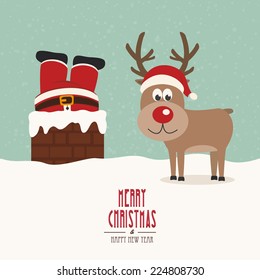 santa stuck in chimney vintage reindeer smile snow background